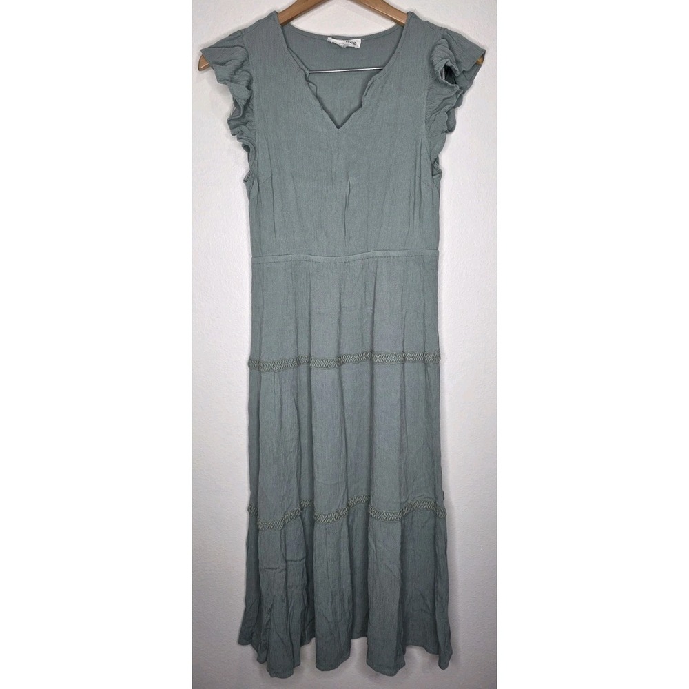 LUCKY BRAND DRESS Midi Woman M Sage Tiered Boho Cottage Ruffle Vneck Summer